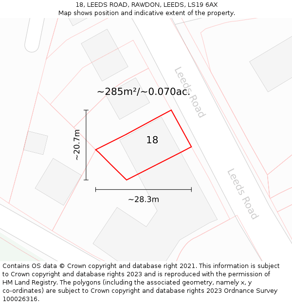 18, LEEDS ROAD, RAWDON, LEEDS, LS19 6AX: Plot and title map
