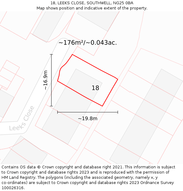 18, LEEKS CLOSE, SOUTHWELL, NG25 0BA: Plot and title map