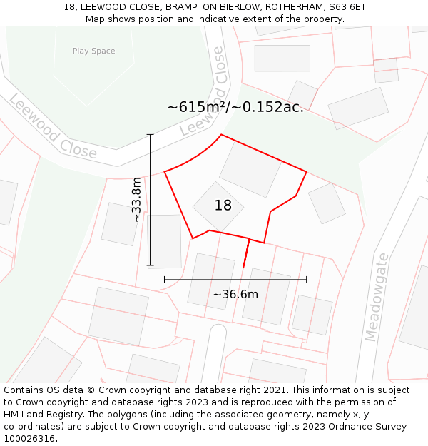 18, LEEWOOD CLOSE, BRAMPTON BIERLOW, ROTHERHAM, S63 6ET: Plot and title map