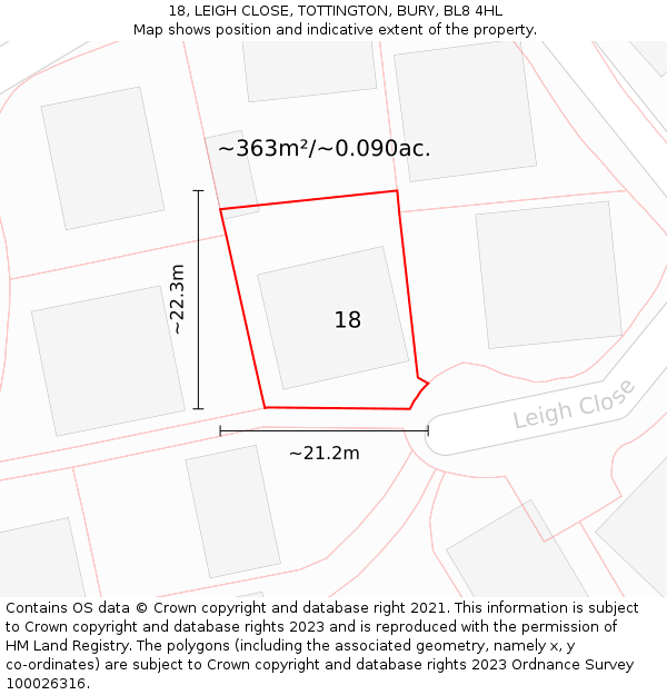 18, LEIGH CLOSE, TOTTINGTON, BURY, BL8 4HL: Plot and title map