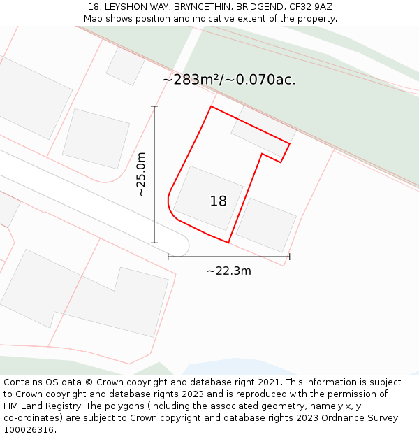18, LEYSHON WAY, BRYNCETHIN, BRIDGEND, CF32 9AZ: Plot and title map