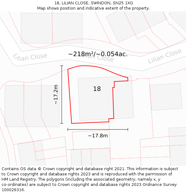 18, LILIAN CLOSE, SWINDON, SN25 1XG: Plot and title map