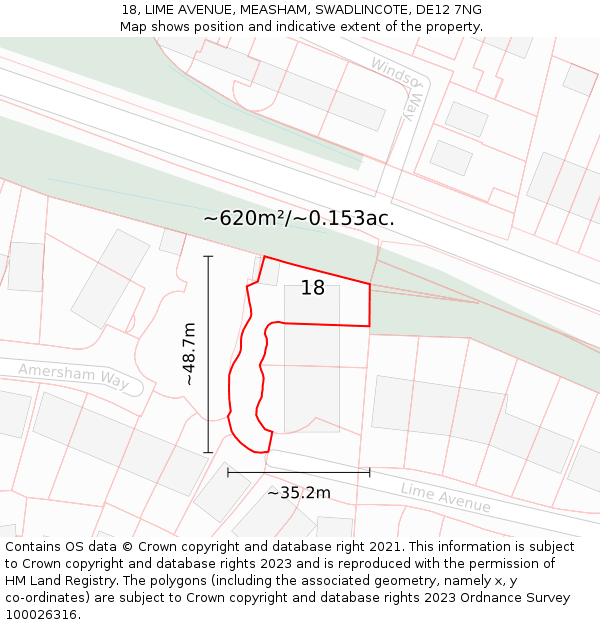 18, LIME AVENUE, MEASHAM, SWADLINCOTE, DE12 7NG: Plot and title map