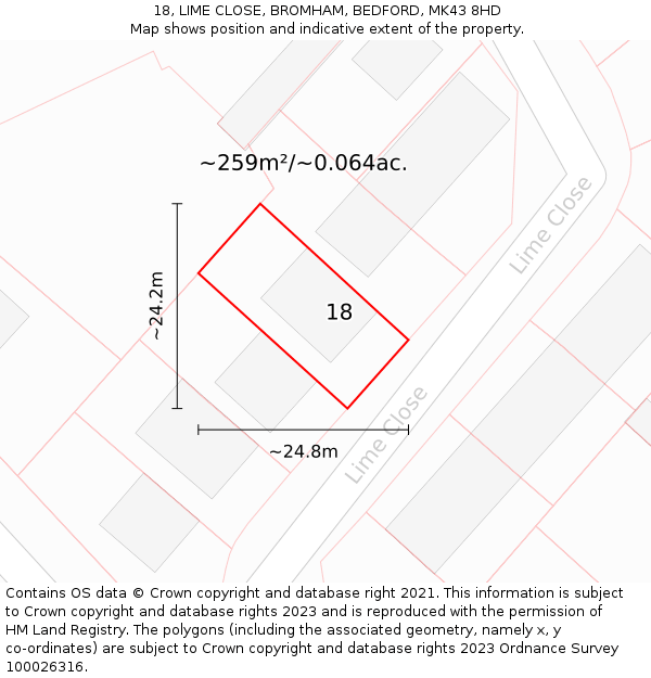 18, LIME CLOSE, BROMHAM, BEDFORD, MK43 8HD: Plot and title map