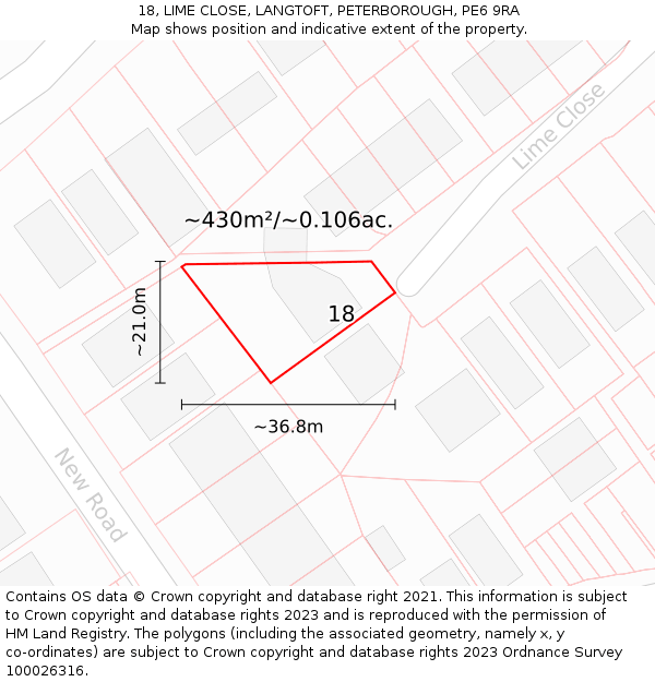 18, LIME CLOSE, LANGTOFT, PETERBOROUGH, PE6 9RA: Plot and title map