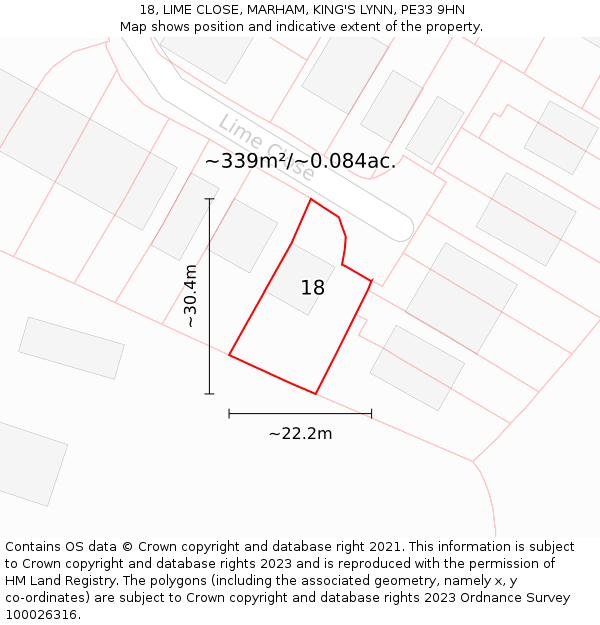 18, LIME CLOSE, MARHAM, KING'S LYNN, PE33 9HN: Plot and title map