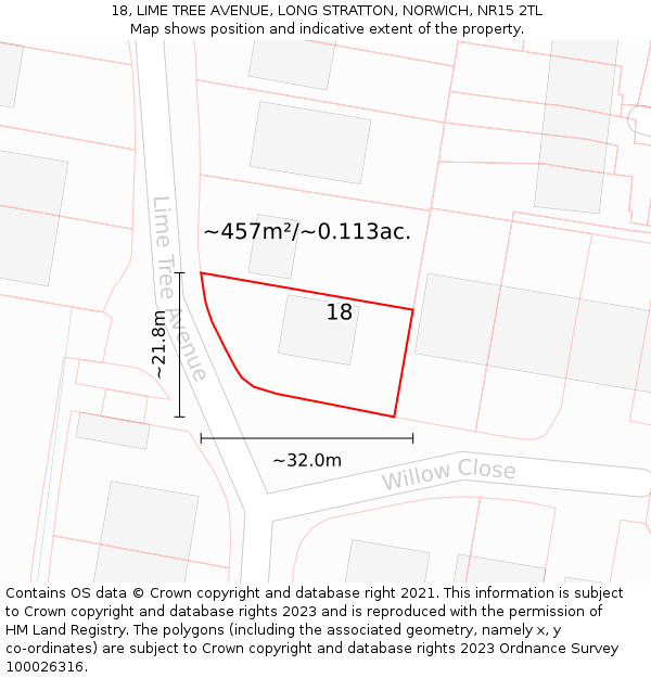 18, LIME TREE AVENUE, LONG STRATTON, NORWICH, NR15 2TL: Plot and title map