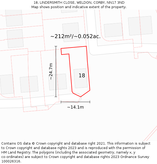 18, LINDERSMITH CLOSE, WELDON, CORBY, NN17 3ND: Plot and title map