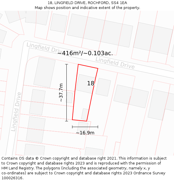 18, LINGFIELD DRIVE, ROCHFORD, SS4 1EA: Plot and title map