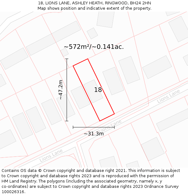 18, LIONS LANE, ASHLEY HEATH, RINGWOOD, BH24 2HN: Plot and title map