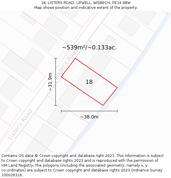 18, LISTERS ROAD, UPWELL, WISBECH, PE14 9BW: Plot and title map