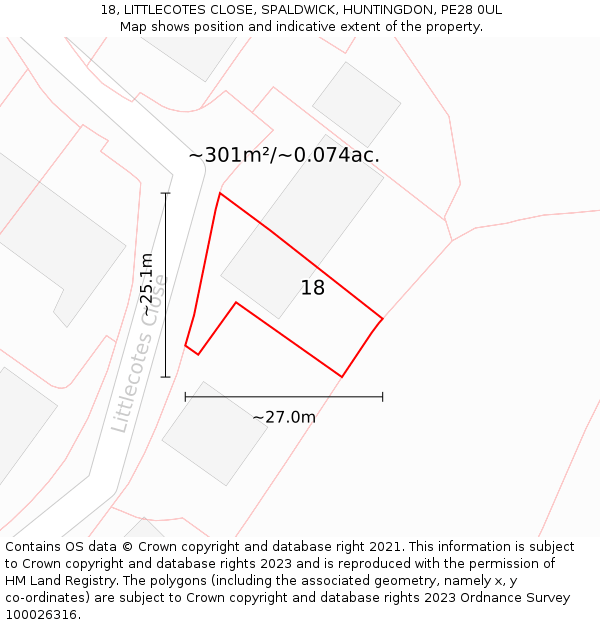 18, LITTLECOTES CLOSE, SPALDWICK, HUNTINGDON, PE28 0UL: Plot and title map