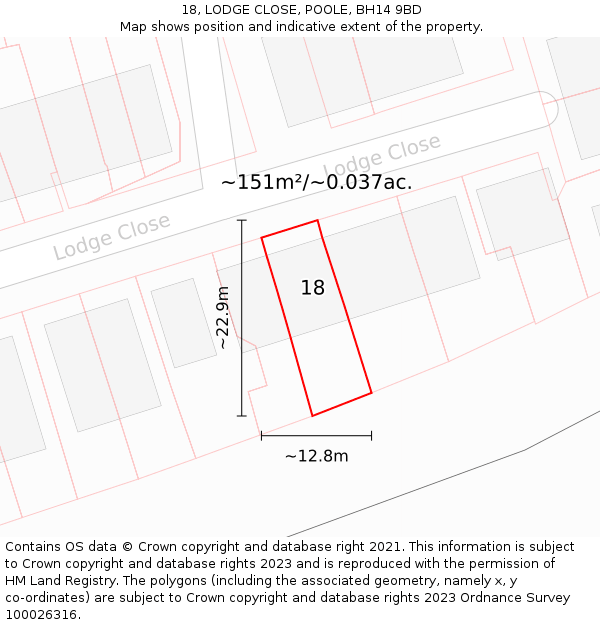 18, LODGE CLOSE, POOLE, BH14 9BD: Plot and title map
