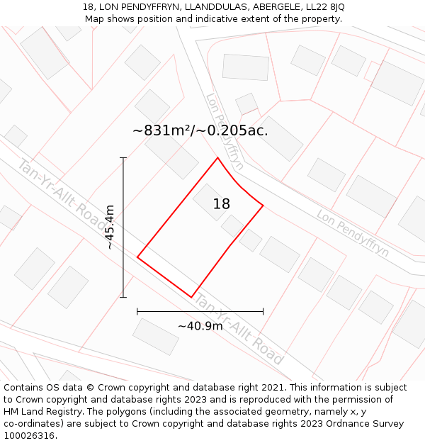 18, LON PENDYFFRYN, LLANDDULAS, ABERGELE, LL22 8JQ: Plot and title map
