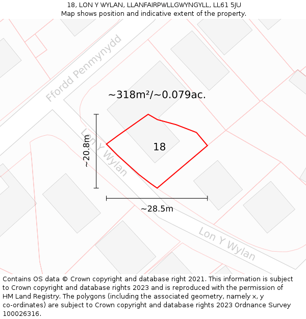 18, LON Y WYLAN, LLANFAIRPWLLGWYNGYLL, LL61 5JU: Plot and title map