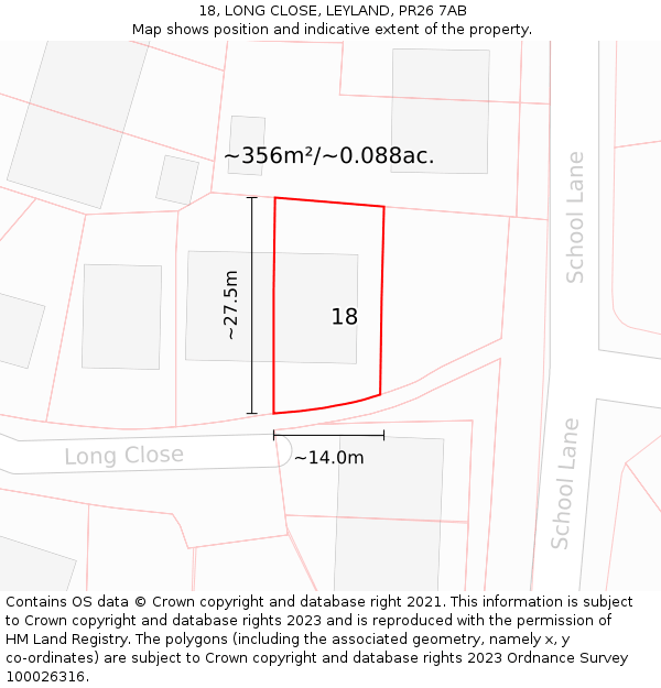 18, LONG CLOSE, LEYLAND, PR26 7AB: Plot and title map
