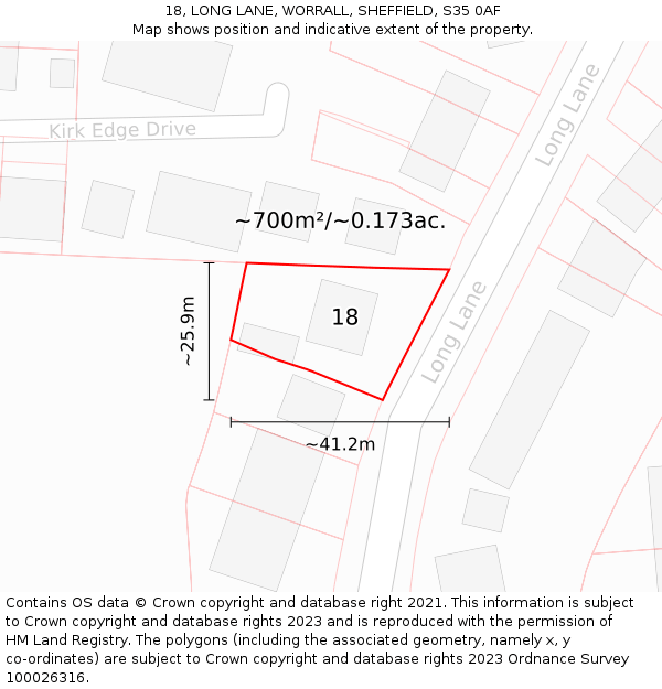 18, LONG LANE, WORRALL, SHEFFIELD, S35 0AF: Plot and title map
