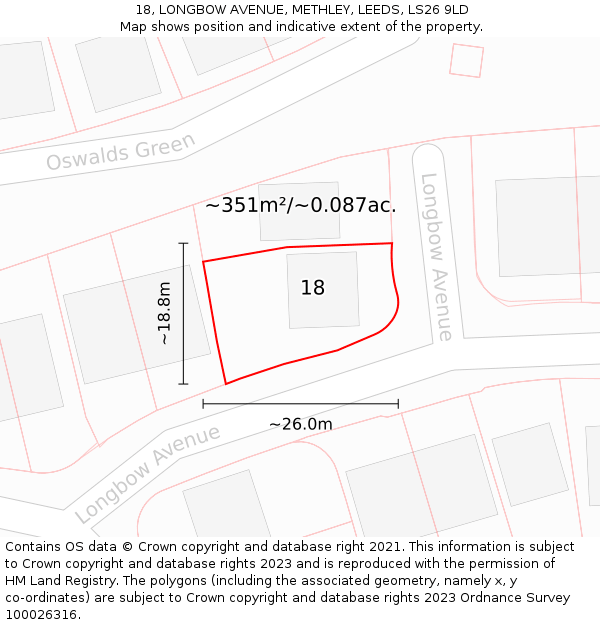18, LONGBOW AVENUE, METHLEY, LEEDS, LS26 9LD: Plot and title map