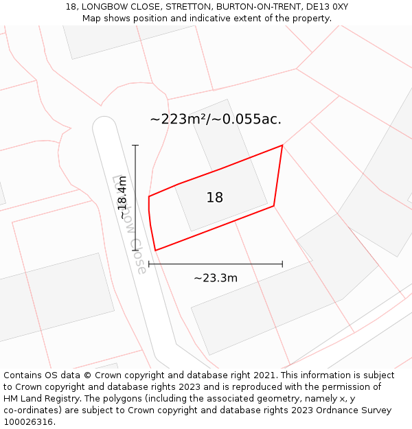 18, LONGBOW CLOSE, STRETTON, BURTON-ON-TRENT, DE13 0XY: Plot and title map