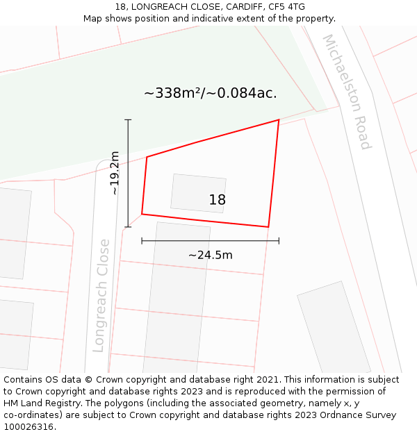 18, LONGREACH CLOSE, CARDIFF, CF5 4TG: Plot and title map