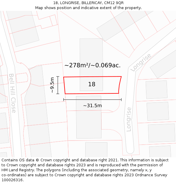 18, LONGRISE, BILLERICAY, CM12 9QR: Plot and title map