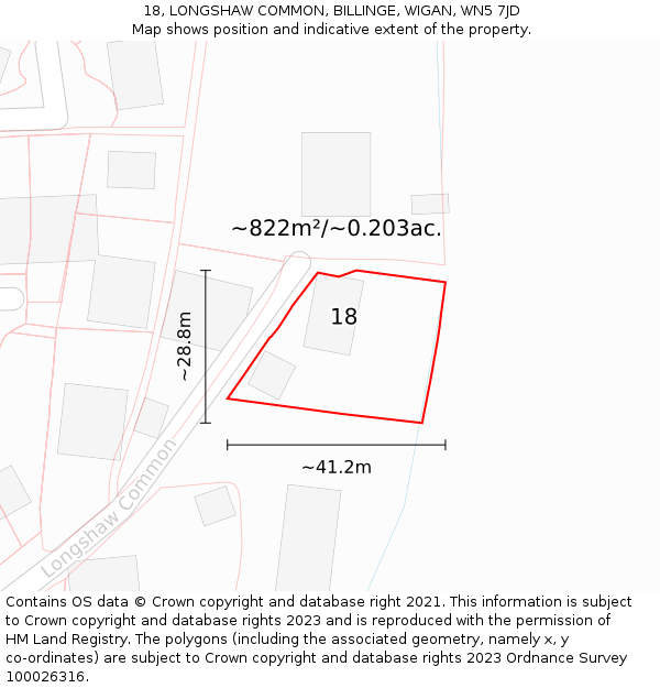 18, LONGSHAW COMMON, BILLINGE, WIGAN, WN5 7JD: Plot and title map