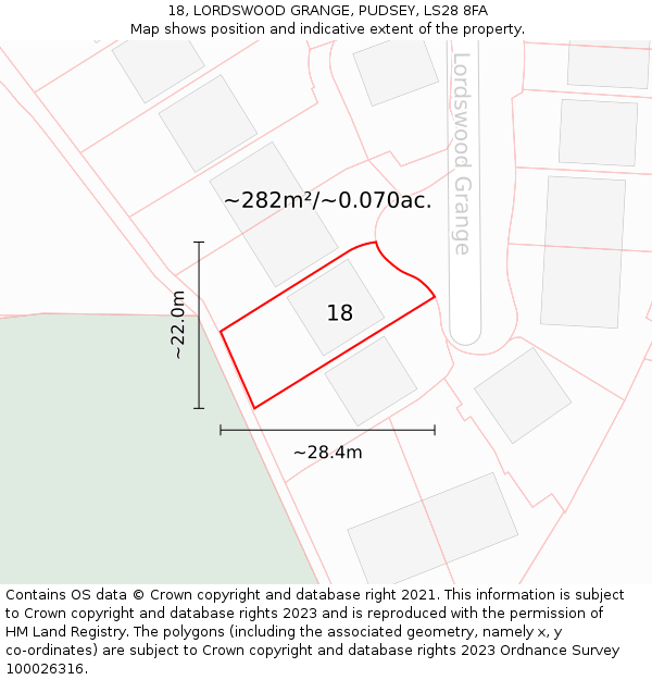 18, LORDSWOOD GRANGE, PUDSEY, LS28 8FA: Plot and title map