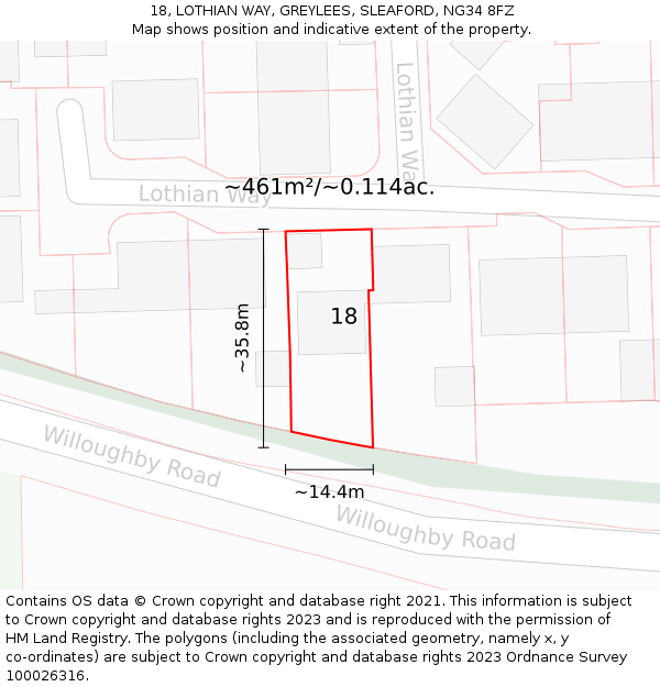 18, LOTHIAN WAY, GREYLEES, SLEAFORD, NG34 8FZ: Plot and title map