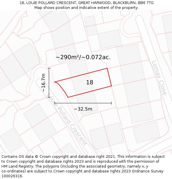 18, LOUIE POLLARD CRESCENT, GREAT HARWOOD, BLACKBURN, BB6 7TG: Plot and title map