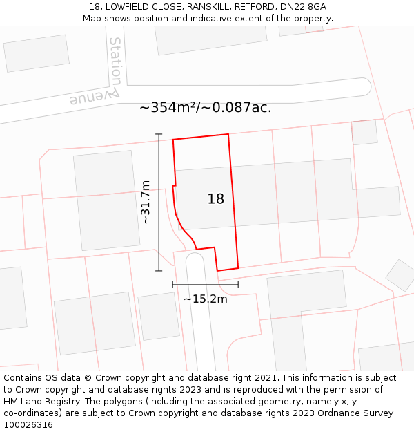 18, LOWFIELD CLOSE, RANSKILL, RETFORD, DN22 8GA: Plot and title map