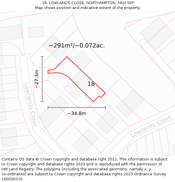 18, LOWLANDS CLOSE, NORTHAMPTON, NN3 5EP: Plot and title map