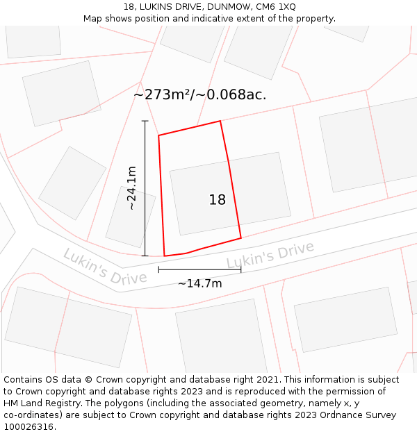 18, LUKINS DRIVE, DUNMOW, CM6 1XQ: Plot and title map