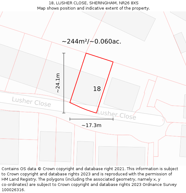 18, LUSHER CLOSE, SHERINGHAM, NR26 8XS: Plot and title map