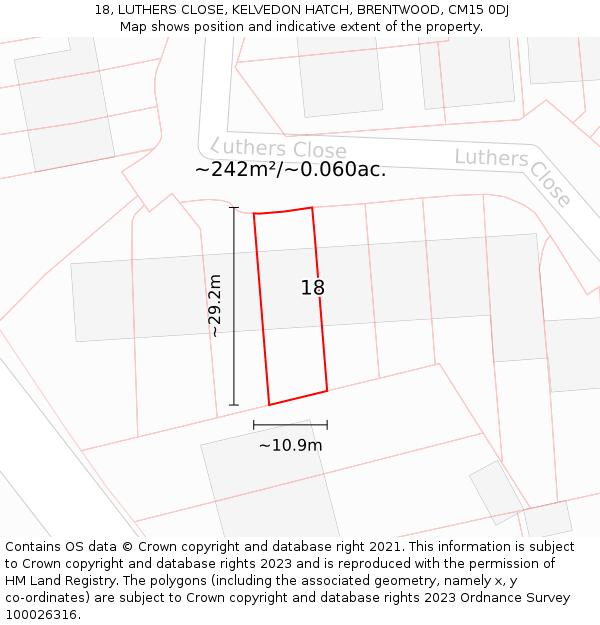 18, LUTHERS CLOSE, KELVEDON HATCH, BRENTWOOD, CM15 0DJ: Plot and title map