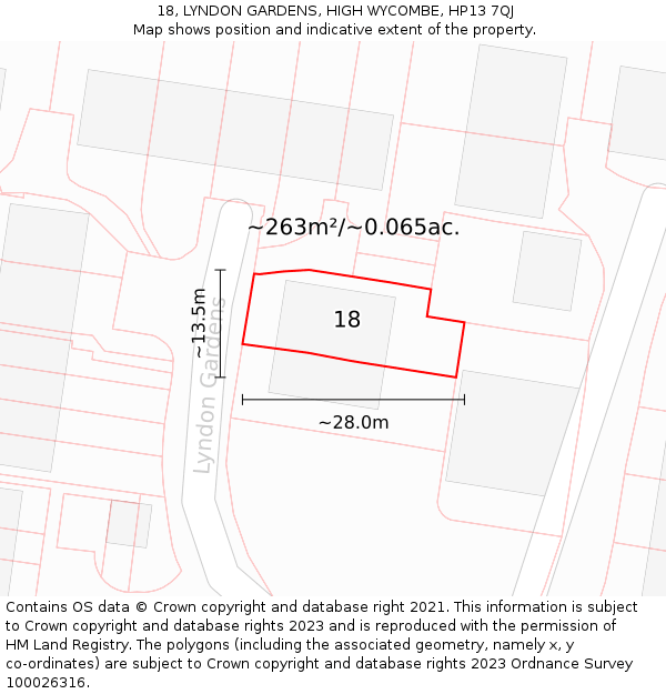 18, LYNDON GARDENS, HIGH WYCOMBE, HP13 7QJ: Plot and title map