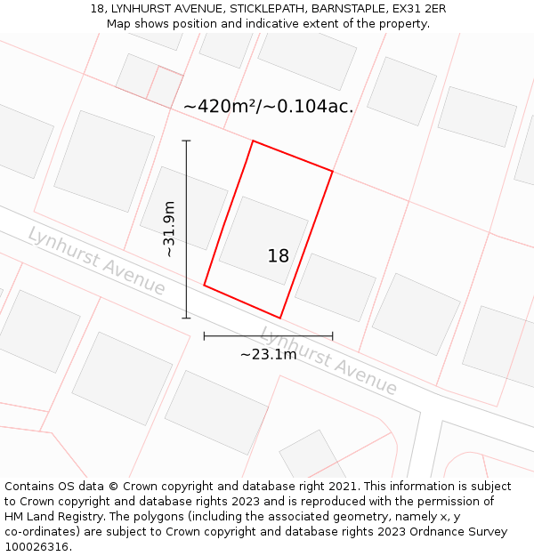 18, LYNHURST AVENUE, STICKLEPATH, BARNSTAPLE, EX31 2ER: Plot and title map
