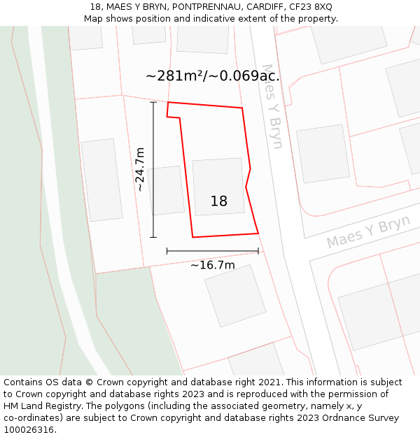 18, MAES Y BRYN, PONTPRENNAU, CARDIFF, CF23 8XQ: Plot and title map