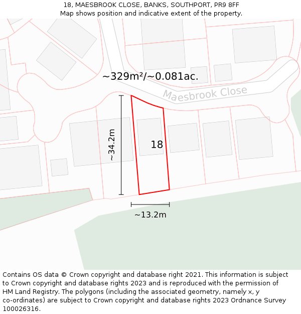 18, MAESBROOK CLOSE, BANKS, SOUTHPORT, PR9 8FF: Plot and title map