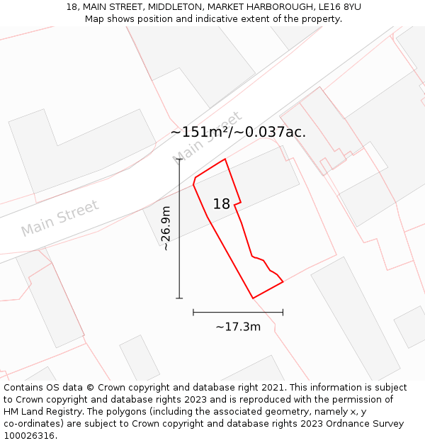 18, MAIN STREET, MIDDLETON, MARKET HARBOROUGH, LE16 8YU: Plot and title map