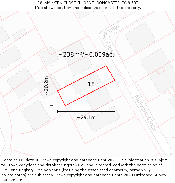 18, MALVERN CLOSE, THORNE, DONCASTER, DN8 5RT: Plot and title map