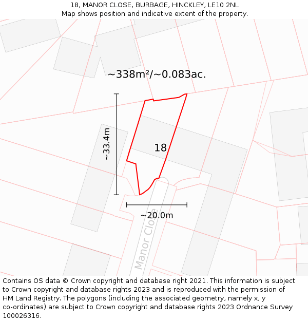 18, MANOR CLOSE, BURBAGE, HINCKLEY, LE10 2NL: Plot and title map