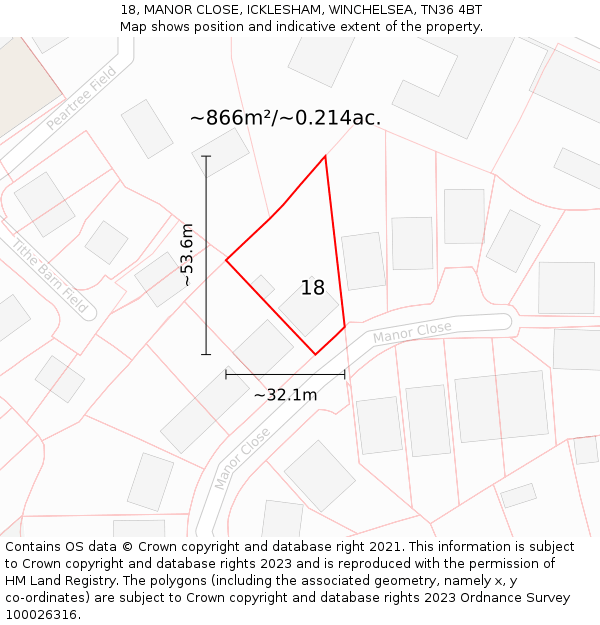 18, MANOR CLOSE, ICKLESHAM, WINCHELSEA, TN36 4BT: Plot and title map