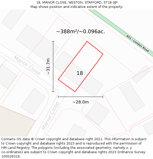18, MANOR CLOSE, WESTON, STAFFORD, ST18 0JP: Plot and title map