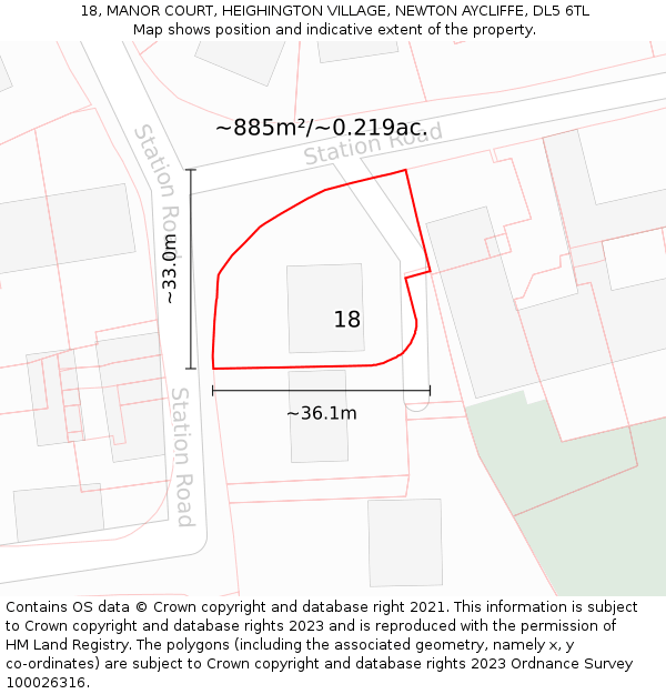 18, MANOR COURT, HEIGHINGTON VILLAGE, NEWTON AYCLIFFE, DL5 6TL: Plot and title map