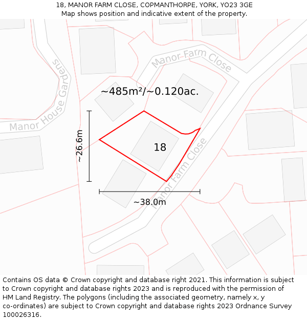 18, MANOR FARM CLOSE, COPMANTHORPE, YORK, YO23 3GE: Plot and title map