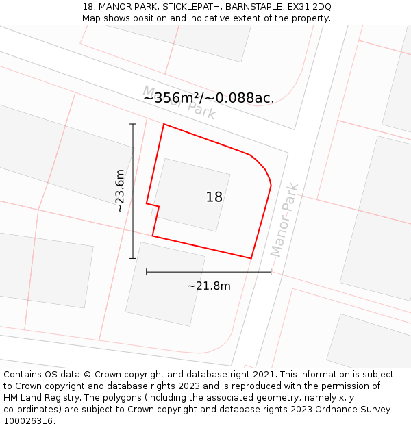 18, MANOR PARK, STICKLEPATH, BARNSTAPLE, EX31 2DQ: Plot and title map