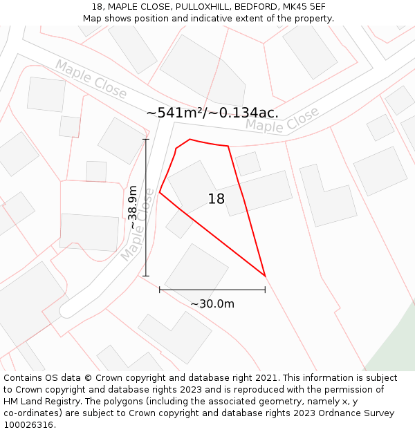 18, MAPLE CLOSE, PULLOXHILL, BEDFORD, MK45 5EF: Plot and title map