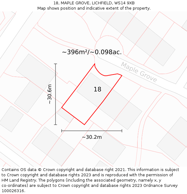 18, MAPLE GROVE, LICHFIELD, WS14 9XB: Plot and title map