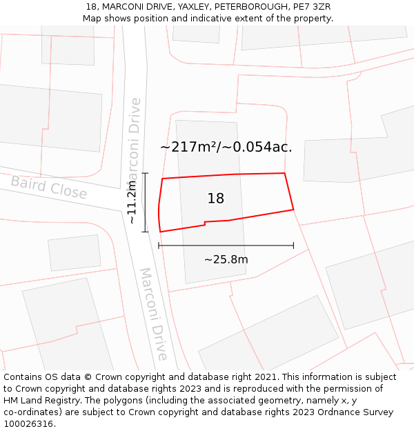 18, MARCONI DRIVE, YAXLEY, PETERBOROUGH, PE7 3ZR: Plot and title map