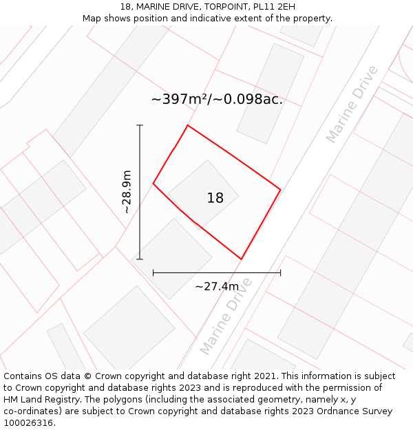 18, MARINE DRIVE, TORPOINT, PL11 2EH: Plot and title map